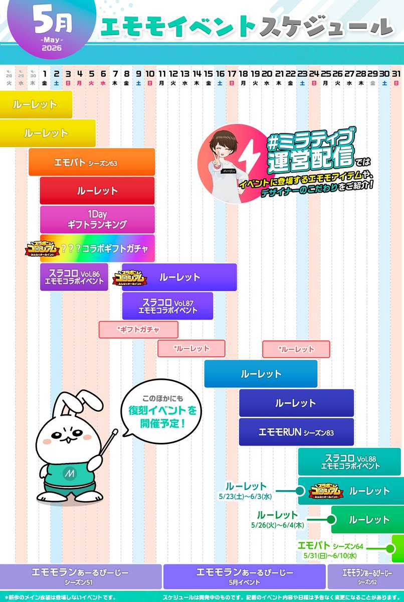mirrativ_jp's tweet photo. 🎨5月エモモイベント🎨
🗓スケジュールを先行公開🗓

🌟デザイナーさんおすすめポイントの紹介や
💭世界観のチラ見せ予告も……⁉
公開までお楽しみに🥳

📌スケジュールは開発中のものです。
内容や日程は変更になることがあります。 https://t.co/qD47gM7bHv