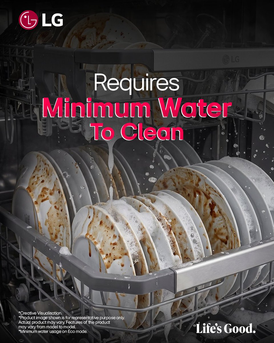 LGIndia's tweet image. Host big. Clean smart.
Big loads don’t need big water use.
The LG True Dishwasher optimizes every wash saving water, leaving zero spots.

Know More: bit.ly/4pZbRgZ

#LG #LGIndia #LifesGood #DishwasherClean #ModernKitchen #HomeHacks #WaterConservation