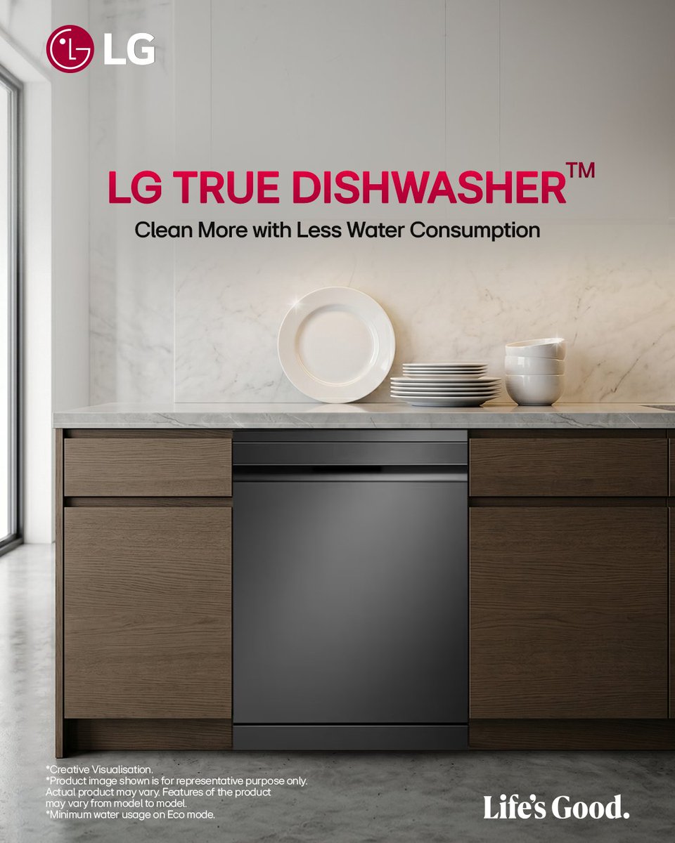 LGIndia's tweet image. Host big. Clean smart.
Big loads don’t need big water use.
The LG True Dishwasher optimizes every wash saving water, leaving zero spots.

Know More: bit.ly/4pZbRgZ

#LG #LGIndia #LifesGood #DishwasherClean #ModernKitchen #HomeHacks #WaterConservation