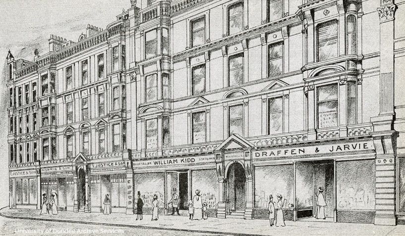 UoD_Archives_RM's tweet image. #WaybackWednesday A drawing of #Dundee's Whitehall Street featuring Draffen &amp;amp; Jarvie's department  store  and Wm Kidd bookseller and stationer from the 1901 publication "Dundee Market Crosses and Tolbooths"  #Archives #DundeeUniCulture