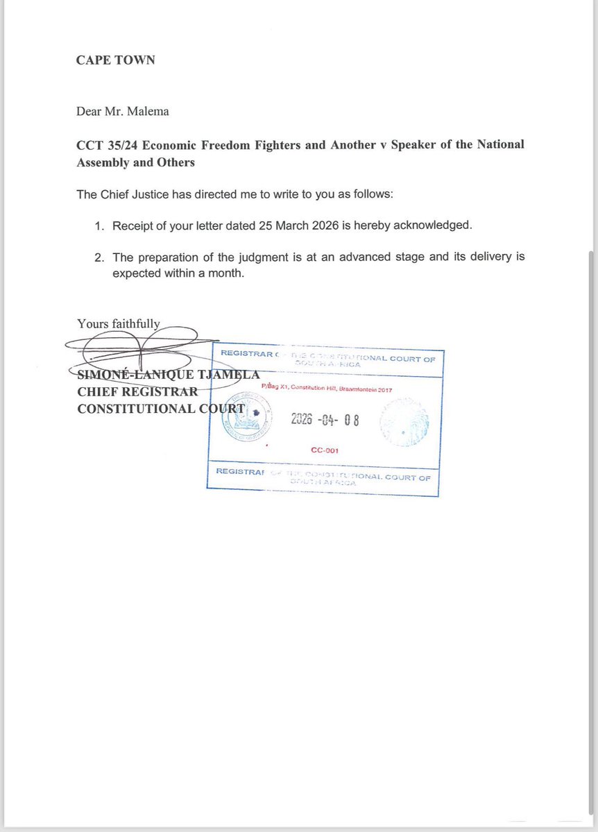 We were told by the office of the Chief Justice under her instruction that “The preparation of the judgment is at an advanced stage and its delivery is expected within a month”

Chief Justice Mandisa Maya must not think she is above the law, she must do a right thing. 

We still