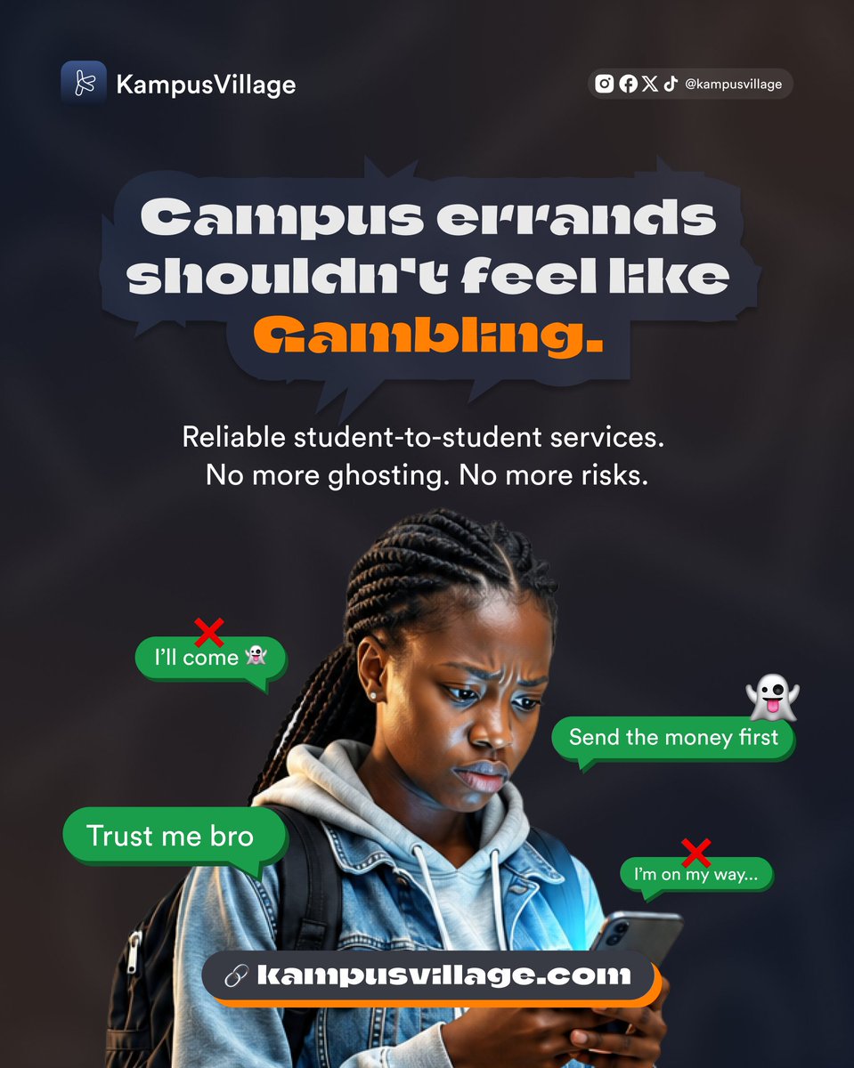 KampusVillage's tweet photo. Send the money first.' [sends money] [ghost]
Nigerian campus errand culture is a scam and we're
tired. We're building somewhere you can hire
someone for campus errands and your money is
protected until the task is done. Coming soon.
https://t.co/Jh7eSPvDda https://t.co/MOFAf5peZJ