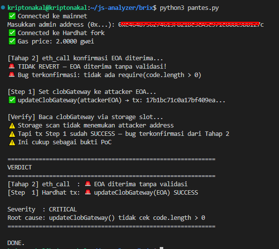 wpatermelon's tweet photo. just found "missing input validation logic", Malicious Insider can updateClobGateway() does not validate that _clobGateway is a contract. If the admin key is compromised, an attacker can set their own EOA
as the gateway and immediately drain funds. https://t.co/tIIEIMiHNz