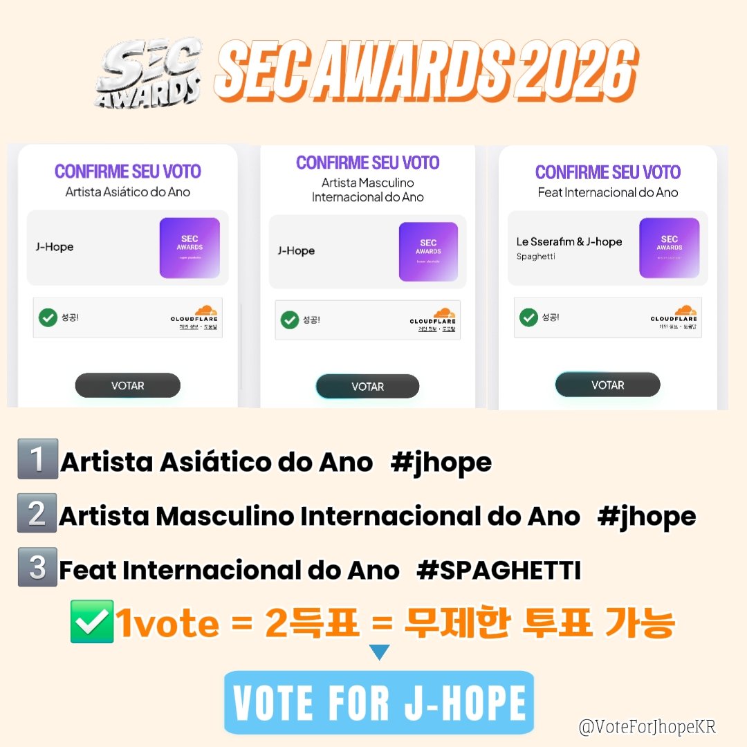 VoteForJhopeKR's tweet photo. 🗳SEC AWARDS 2026]
✅️1vote=2득표 적용 기간입니다
❤️‍🔥무제한 투표 가능‼️ 투표 달려주세요!!

1️⃣Artista Asiático do Ano
🔗https://t.co/AuAPNbADjm

2️⃣Artista Masculino Internacional do Ano
🔗https://t.co/xnNssaWofA

3️⃣Feat Internacional do Ano
🔗https://t.co/TdI1HFj8uu

✅️J-Hope 선택 후 사람 검사 ▶️ 투표 후 투표 완료 메세지 확인 ▶️ 재투표 무제한

#VoteForJhope
