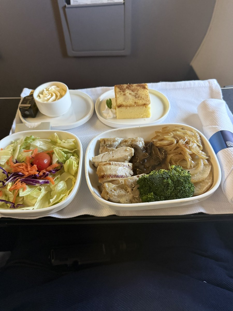 UAビジネス機内食、左上のクリームっぽいのがマジで何も味しない脂の塊