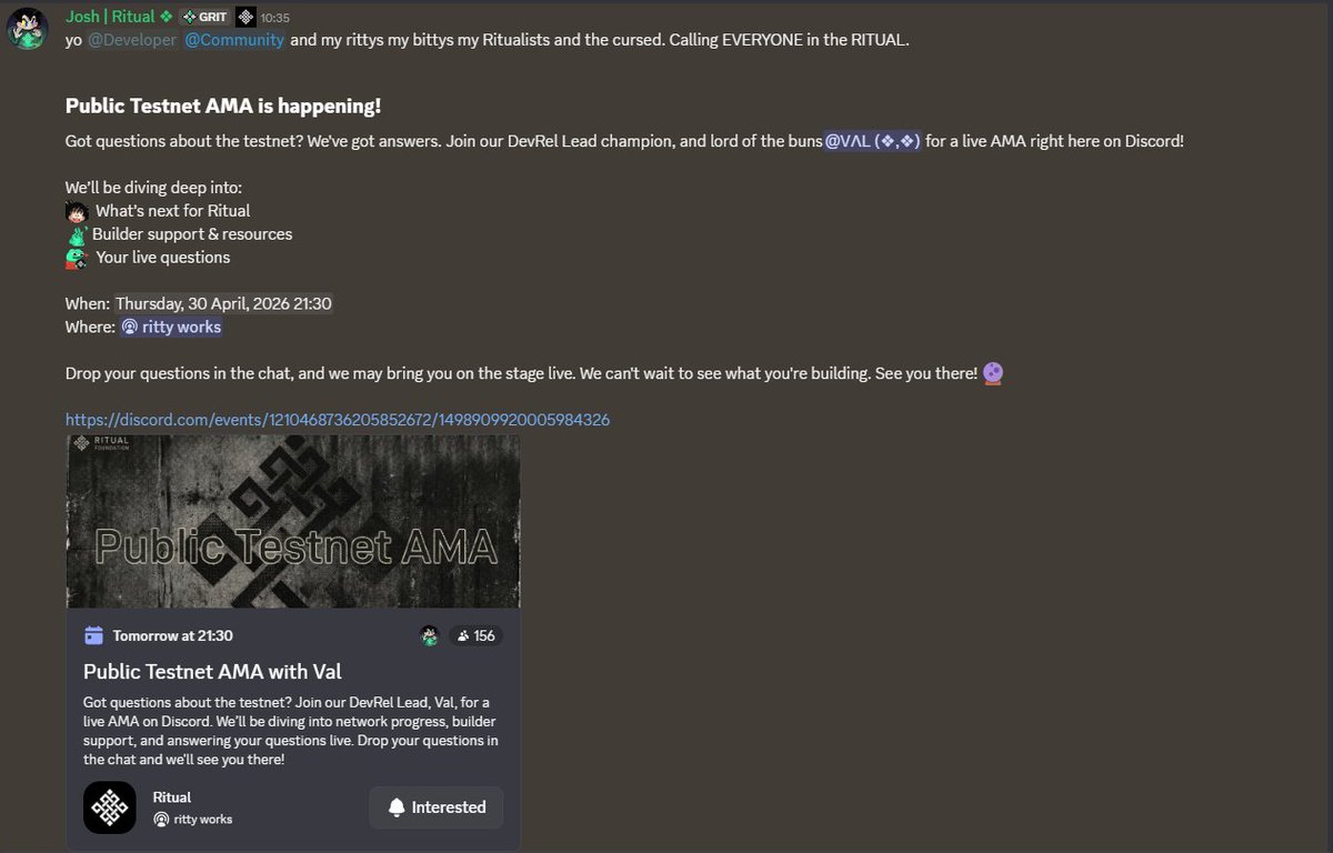 Cripson01's tweet photo. Public Testnet AMA happening on @ritualnet Discord 

If you’ve been exploring the testnet or just getting started, this looks worth tuning into.

They’ll be covering:
• What’s next for Ritual
• Builder support & resources
• Live Q&A

📅 Thursday, 30 April 21:30
📍 Ritual Discord

You can drop questions in chat and they might pick some live during the session.

Testnet been moving fast lately… this should be interesting 👀