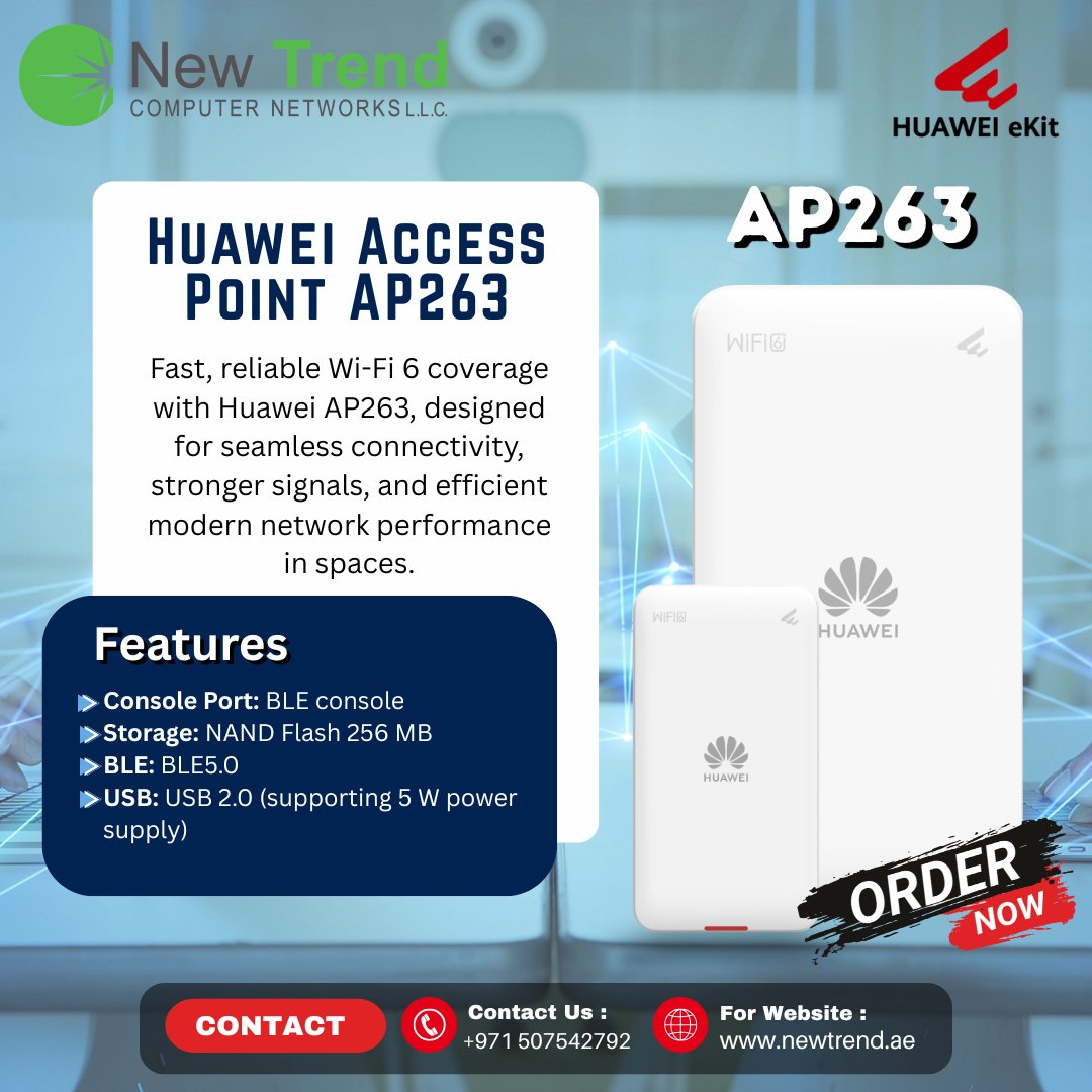 newtrendCN's tweet image. Reliable Wi-Fi 6 performance with Huawei AP263, delivering high-speed connectivity, smart coverage, and seamless wireless access. 

Visit:newtrend.ae/brand/huawei/
+971 507542792

#HuaweiAP263 #WiFi6 #NetworkingSolutions #SmartOffice #WirelessConnectivity