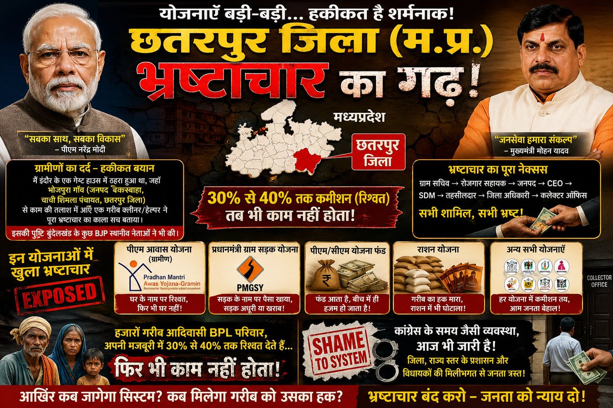 unaccc_'s tweet image. 🚨 GROUND REALITY VS  SCHEMES — A HARSH WAKE-UP CALL 🚨@PMOIndia @GovernorMP 
@CMMadhyaPradesh
30-40% Commission Nexus Between Gram Panchayat to Collector office,
@collchhatarpur  Request to 
@MPSeDC_DST (@JansamparkMP)
 From PM @narendramodi &amp;amp; CM @DrMohanYadav51 #welfare schemes