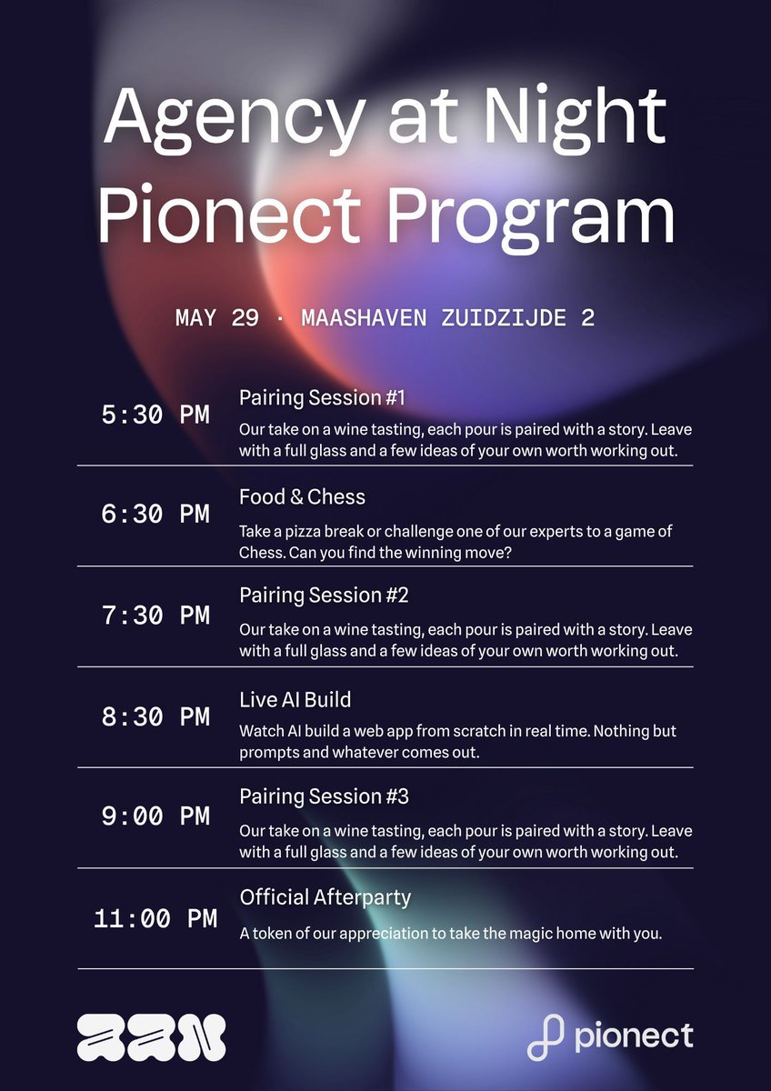 pionect's tweet photo. One month to go! 🎉

On May 29th, we're throwing open our office doors for Agency at Night. 🍷 Spots for our programme are limited, so don't wait too long. Sign up right here: https://t.co/1ALXkfSAAK

See you on May 29th! 👋

#AgencyAtNight #Agency #Software #Rotterdam #AI https://t.co/sAZdgHtLTk