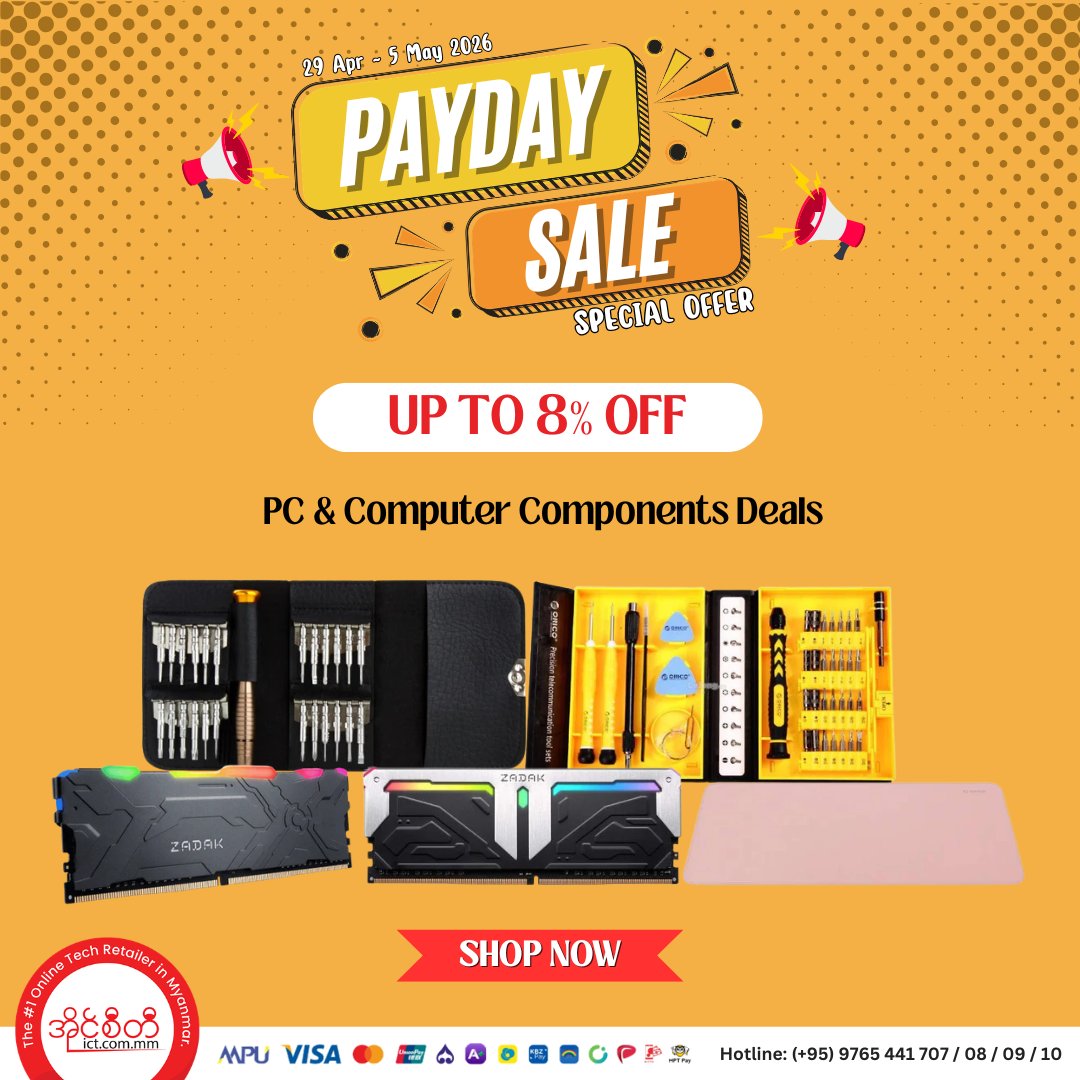 MyanmarICT's tweet photo. 🌟 PC & Computer Components Deals - Up To 8% Off 🌟
👉 ဒီ Link မှာ အခုပဲဝယ်ယူလိုက်ပါ » https://t.co/5rojvd5R7w
✨Enjoy Shopping✨
Team https://t.co/v96CAejun2
#ShopICT #Myanmar #1OnlineTechRetailer #Payday #Promotion #Sale #DiscountShopping #PC #ComputerComponents https://t.co/GzNdcrPNsl
