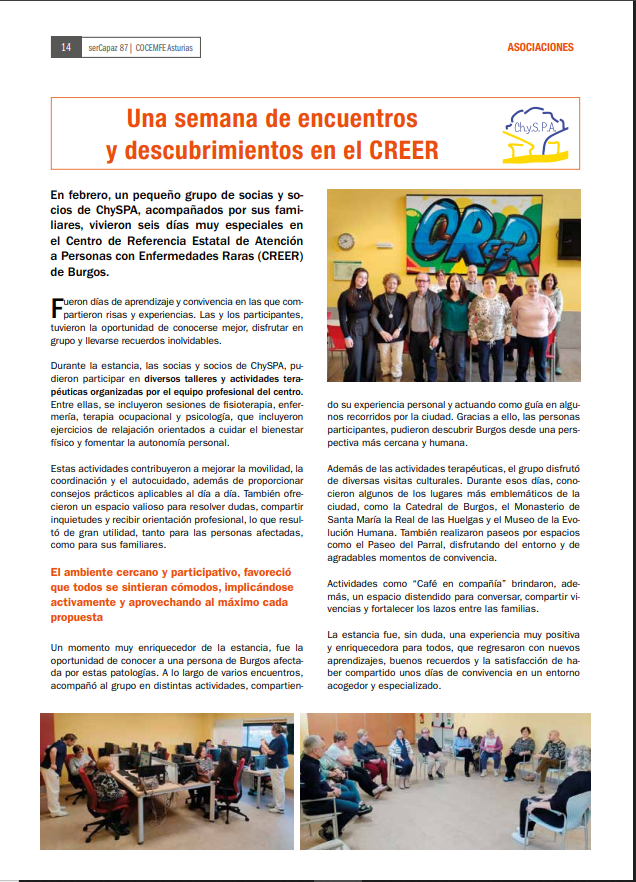 chy_spa's tweet photo. Queremos compartir con vosotros/as el artículo publicado en la revista Ser Capaz de COCEMFE "Una semana de encuentros y descubrimientos en el CREER".
Os animamos a leerlo. https://t.co/bJhcy6rAcm