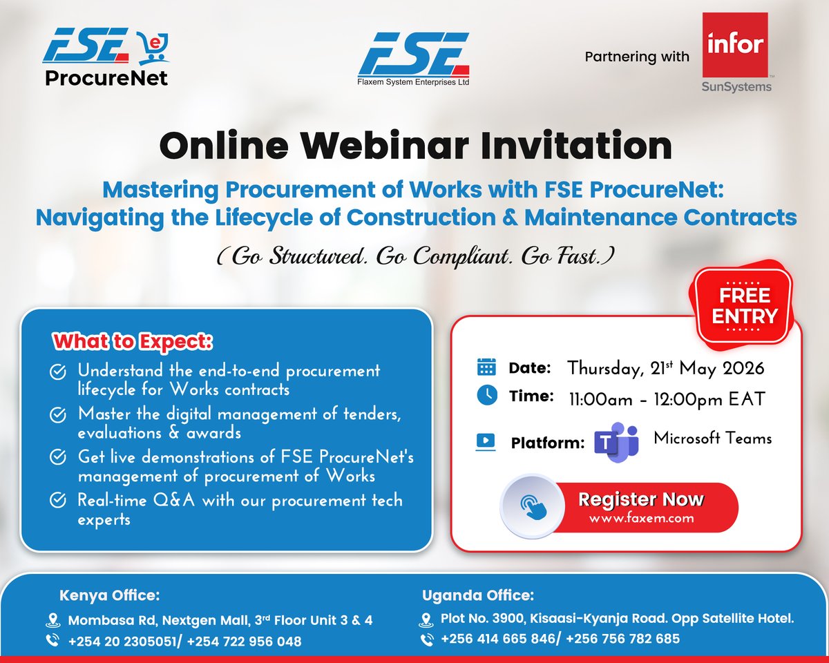 flaxemsystem's tweet photo. Join us for a FREE live webinar and Demo of FSE ProcureNet—our end-to-end e-procurement System built for organisations that want to move fast and stay compliant.

Topic: “Mastering Procurement of Works with FSE ProcureNet: Navigating the Lifecycle of Construction & Maintenance Contracts"

Date: Thursday, 21st May 2026
Time: 11:00am – 12:00pm EAT
Venue: Live on Microsoft Teams

Who Should Attend: Procurement Officers | Finance Teams | Project Managers | NGO & Corporate Leaders | Supply Chain Professionals| Public Sector Officials| Contract Managers | Engineers

Register here: https://t.co/O4CBTAADFF

#EProcurement #ProcureNet #SupplyChain #FreeWebinar