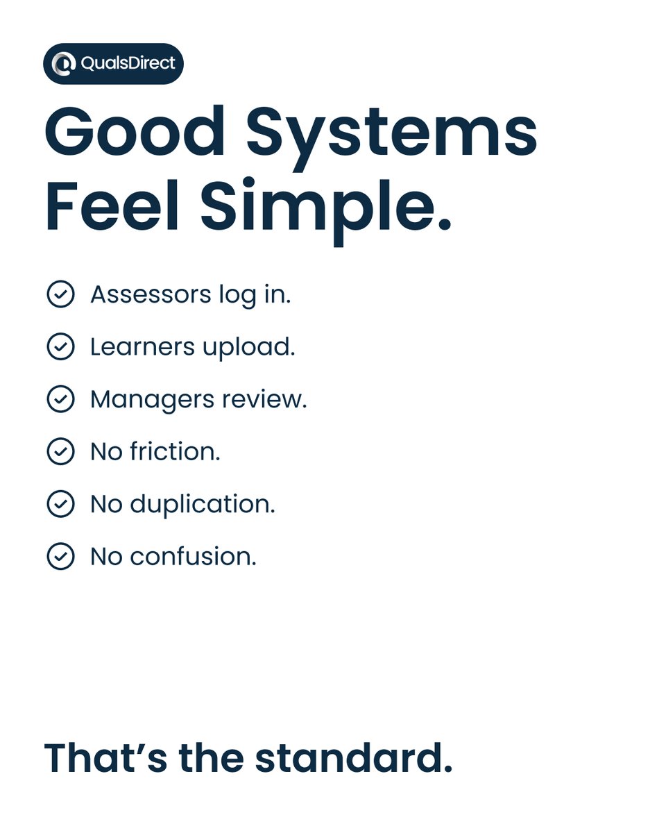 QualsDirect's tweet photo. Good systems feel simple.

Assessors log in.
Learners upload.
Managers review.

No friction.
No duplication.
No confusion.

That’s the standard.

That’s Quals Direct: https://t.co/S0qP2sR2oq https://t.co/NL9DvMkXYb