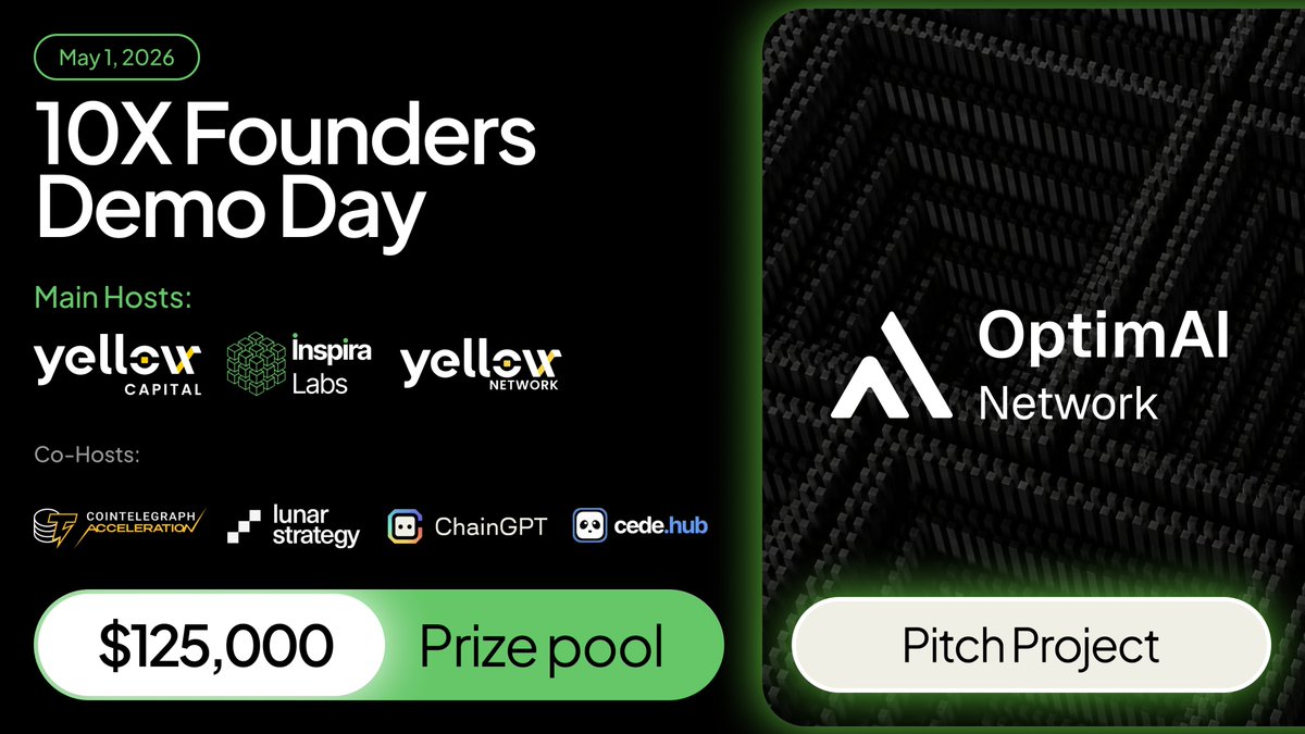 We're live on the 10X Founders Demo Day stage 🎯

OptimAI Network is one of 12 projects selected out of 150+ applicants for the 10X Founders Demo Day, hosted by <a href="/InspiraLabsHQ/">Inspira Labs🧪</a>, <a href="/yellow__capital/">Yellow Capital</a> and @yellow

On May 1, we'll be pitching live in front of:
🟢 Tom Dunleavy (Varys