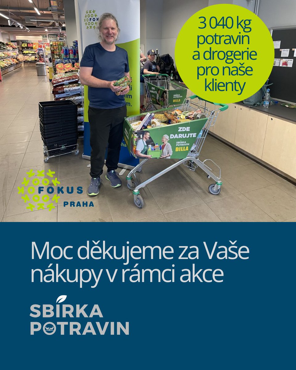 👏 Jarní SBÍRKA POTRAVIN byla REKORDNÍ! Pro naše klientky a klienty jste v celkem 6 obchodech v Praze, Brandýse a Benešově nakoupili potraviny a drogerii v množství o váze VÍCE NEŽ TŘI TUNY!  ❤️ Za podporu lidí s duševním onemocněním v sociální a hmotné nouzi MOC DĚKUJEME.
