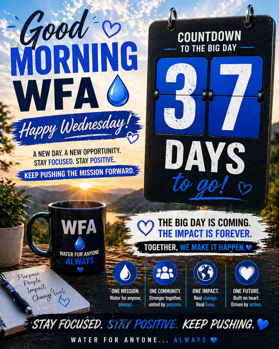 gm wfa 💧

happy wednesday  37 days to go ⏳
we’re getting closer, and the energy is building.

stay focused. stay positive. keep pushing the mission forward 🌍
this isn’t just a countdown… it’s a buildup to real impact.

#memecoin #solana