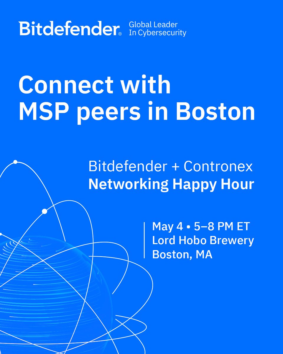 Bitdefender_Ent's tweet image. We’re teaming up with Contronex for an in-person Networking Happy Hour in Boston.

📅 May 4 | 5–8 PM ET
📍 Lord Hobo Brewery, Boston

Meet the team, connect with MSP peers, and talk shop on what’s next in security.

✅ Register here: bitdefend.me/4tjI6d3.

#Bitdefender