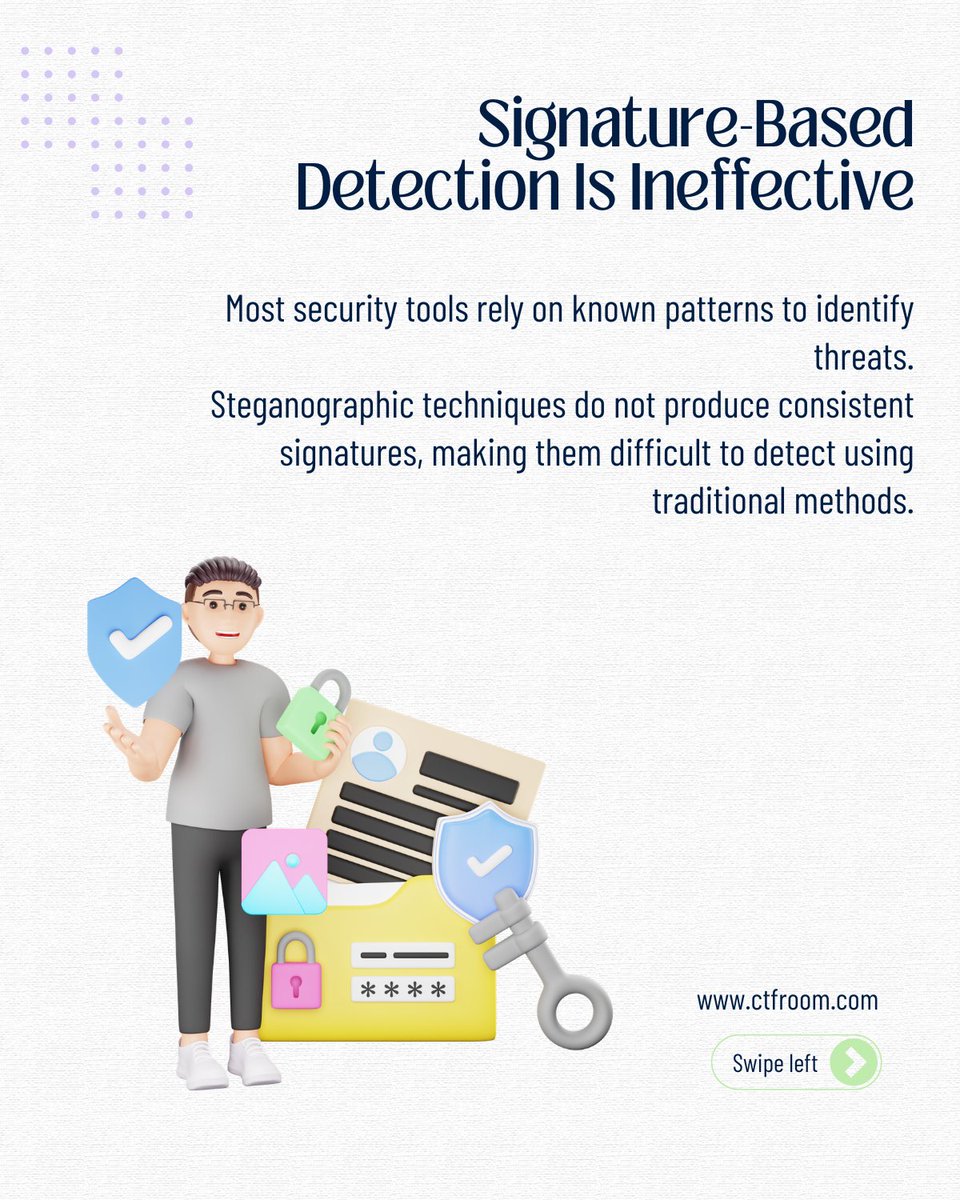 CTF_Room's tweet image. Steganography is hard to detect by design.

No signatures, no clear anomalies, no obvious alerts—just normal-looking activity hiding something else.

Detection requires context, not single indicators.

#CyberSecurity #Steganography #SOC #ThreatHunting #InfoSec