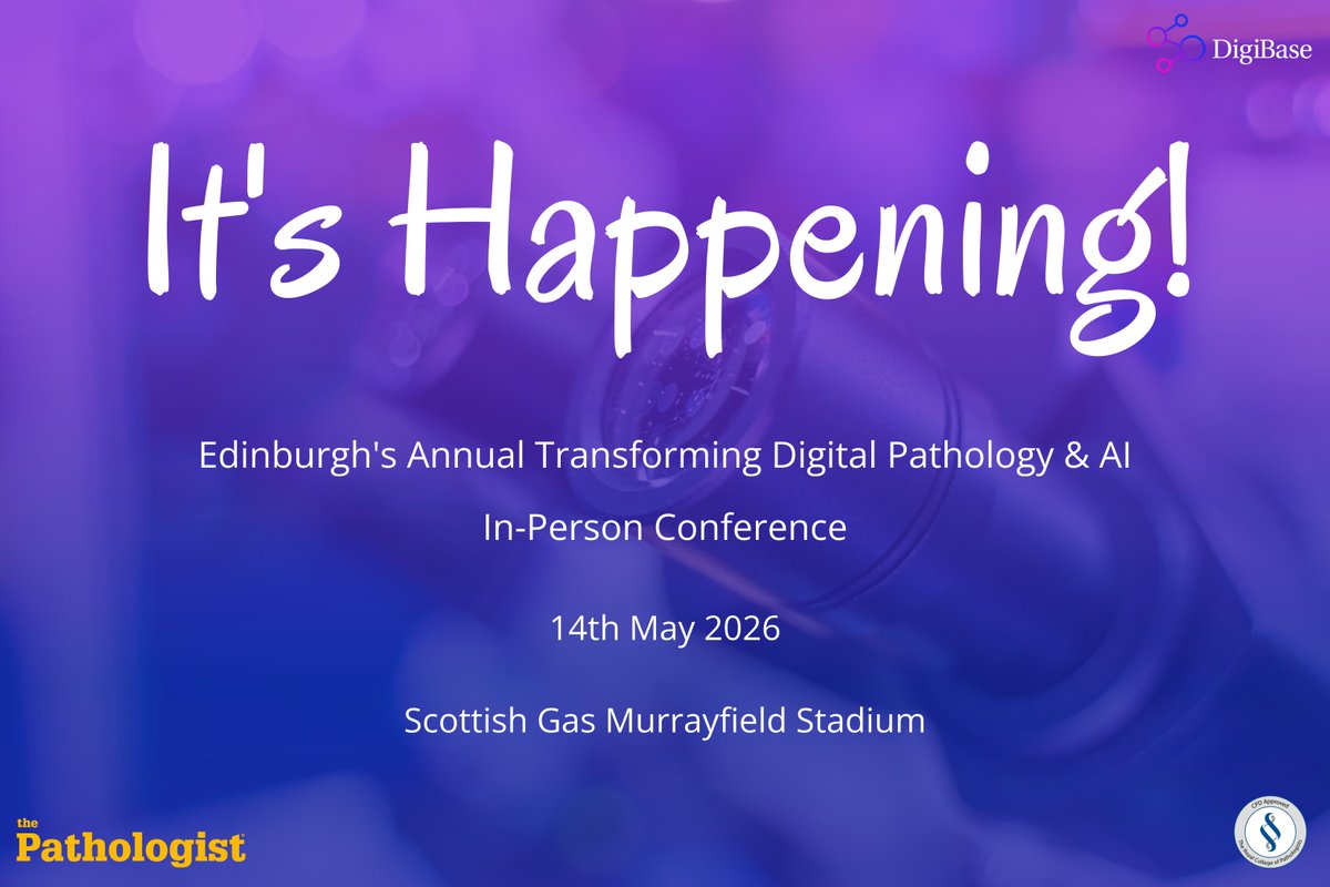 RCPath's tweet image. Join on 14 May at Murrayfield Stadium for the Edinburgh Annual Transforming Digital Pathology &amp;amp; AI Conference.

Thanks to increased sponsorship, NHS &amp;amp; Academia can now claim a complimentary pass with code TDP100.

Register now: ow.ly/tzRh50YQpCS #cpd #pathology
