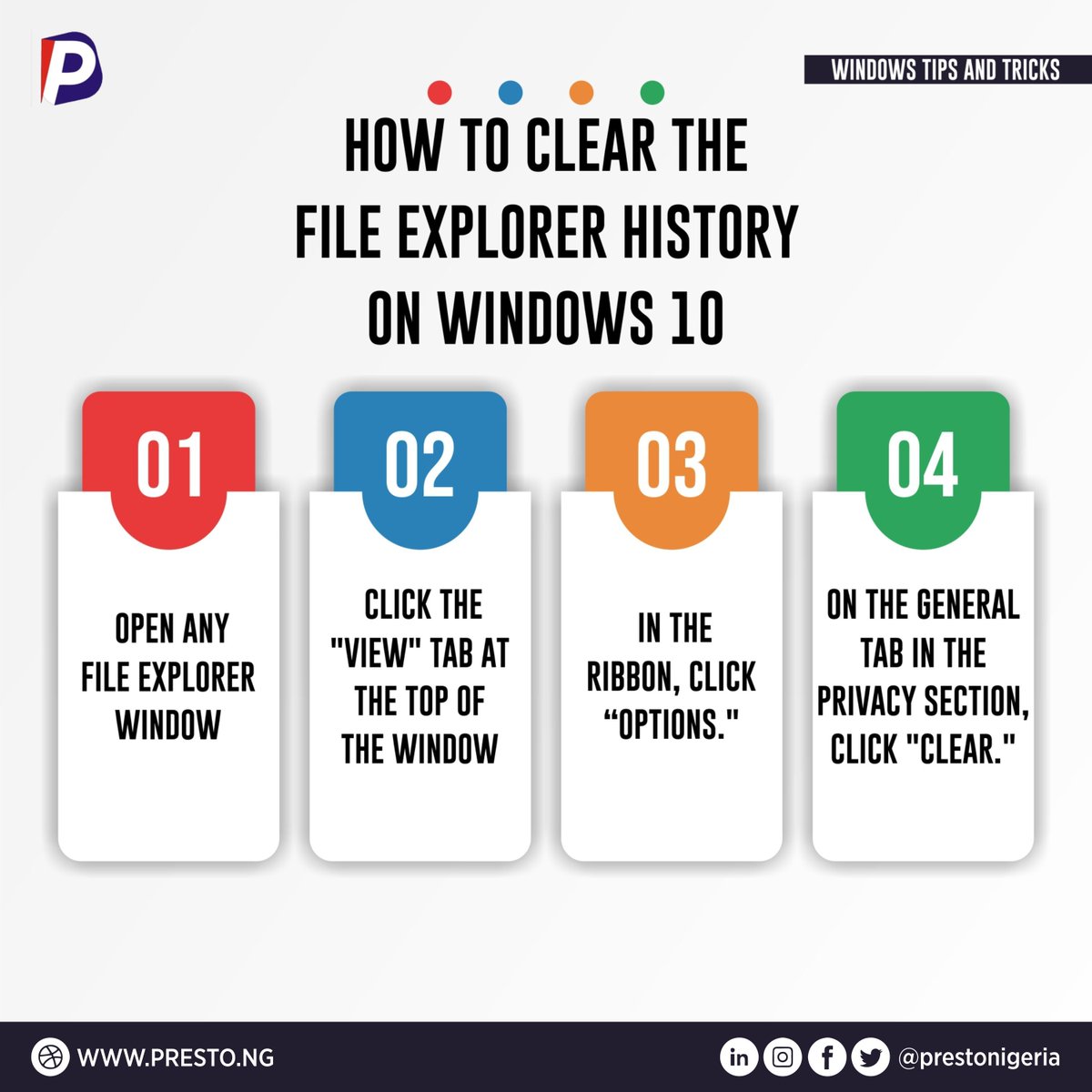 prestonigeria's tweet image. Slow system? Start with the basics.

Clearing File Explorer history = better performance + more privacy ⚡

Optimize your workflow, one tweak at a time.

👉 More IT solutions: presto.ng

#Windows10 #TechTips #Productivity #ITSolutions #CyberSecurity #NigeriaTech