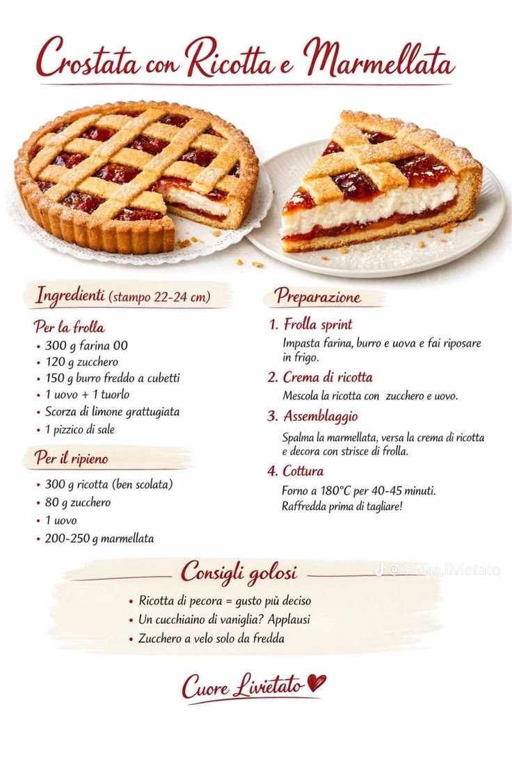 Il segreto per una crostata ricotta e marmellata da applausi? La ricotta di pecora e un pizzico di vaniglia. 🍦 Provate questa versione e mi direte! 🥧
