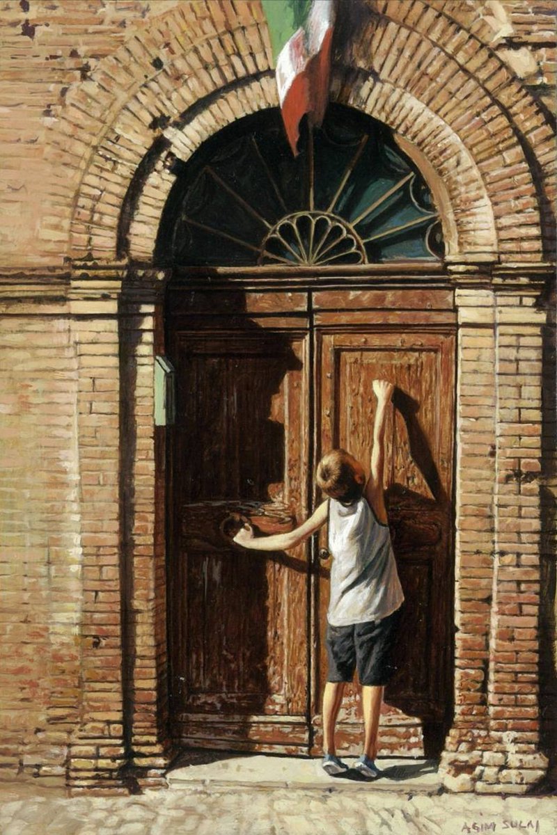 Jennybdx's tweet image. Agim Sulaj (Albanie, Vlora 1960 (vit et travaille à Rimini, Italie)  - Surréalisme, Illustrations) "La Porta" (2011)
#AgimSulaj #contemporaryart #illustrationart #surrealism #Art #ArtOfTheDay #paintingoftheday #artgallery #peinture #painting #ArtistOnTwitter #museum