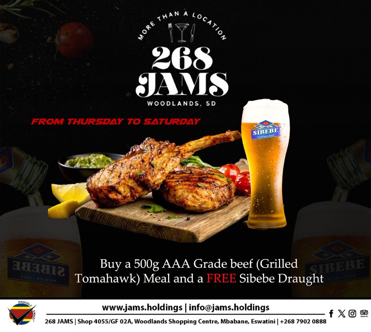 268Jams's tweet photo. Go big with a 500g Tomahawk 🥩🔥
And enjoy a FREE Sibebe draught 🍺
Thursday to Saturday only.

#steaklovers
#sibebe https://t.co/r4p9fXJfSY