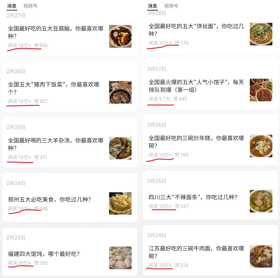 公众号特色美食赛道，篇篇文章爆款10W+，流量大起号块，食品广告接不停

我们国家有2846个县，694个市，几十个少数民族，有很多饮食文化差异，很多美食，能写的内容非常多

这个赛道主要就是分享每个地方的一些特色小吃、美食，动不动就是10多万的浏览量，从去年到现在流量一直很稳