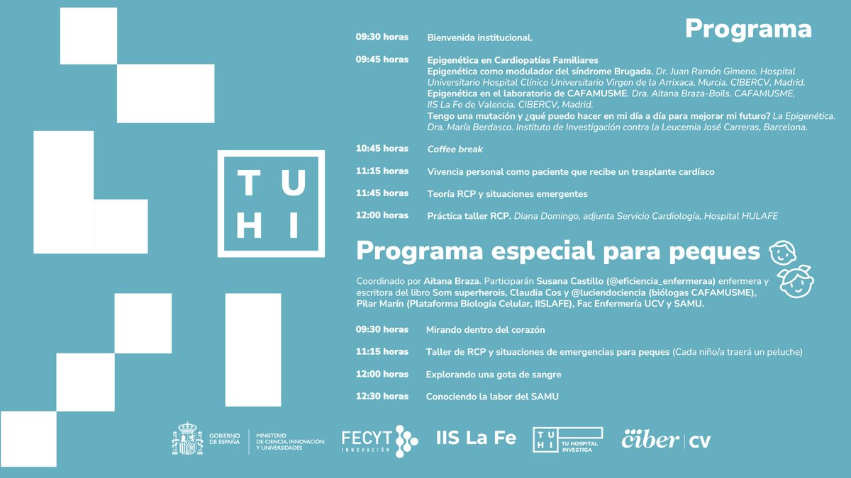 IISLaFe's tweet photo. 🫀 El #IISLaFe celebra la IV Jornada de Cardiopatías Familiares y Muerte Súbita, dirigida a pacientes y familias

✨ Incluye un programa específico para niños con actividades adaptadas

📅 09/05
🕘 09:30 a 13:00 horas
📍 Torre A | @HospitalLaFe 

ℹ https://t.co/NfPYqSMB4x https://t.co/weqbTFVSUd