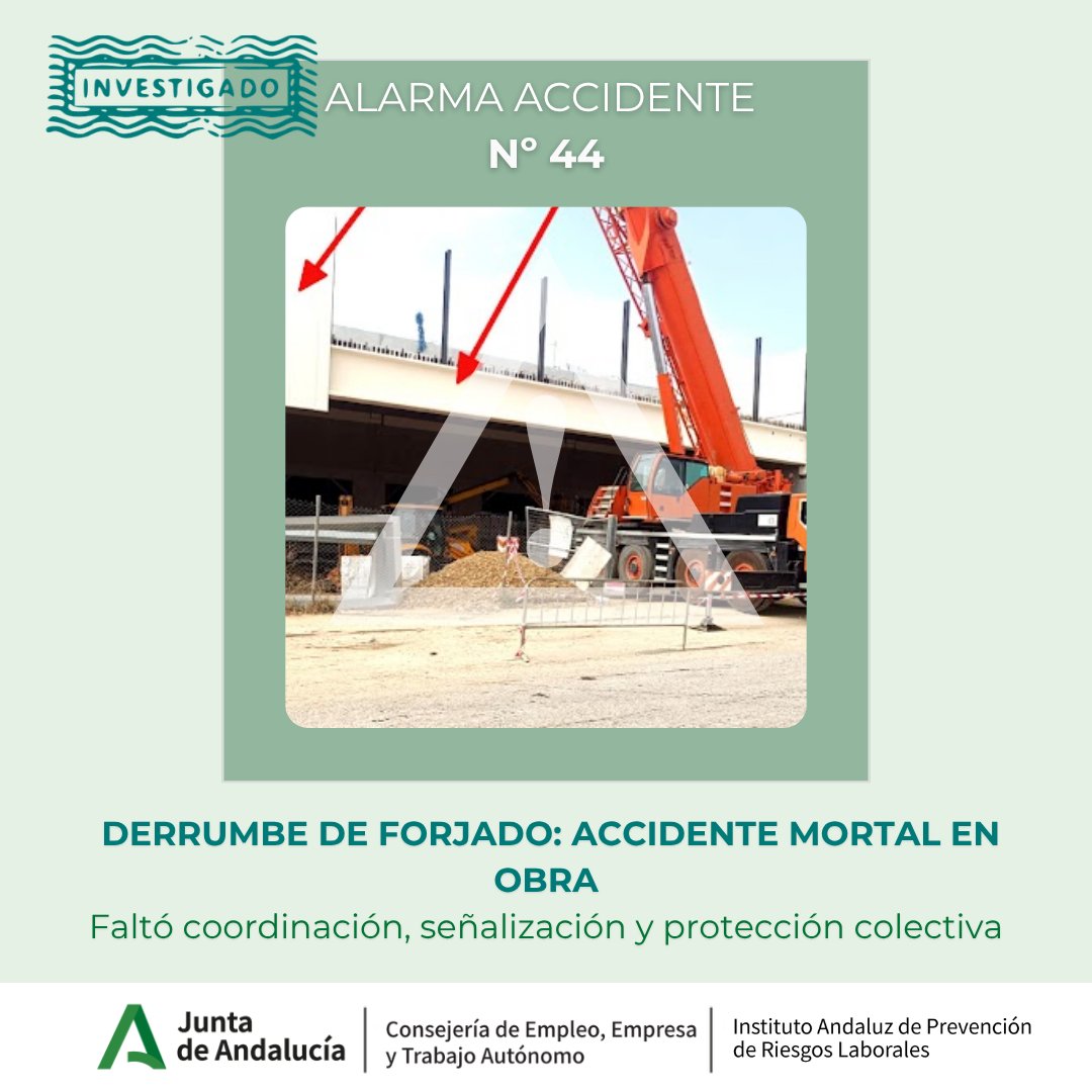 IAPRL's tweet photo. ⚠️ Alarma accidente 44: derrumbe de forjado en obra

Durante el vertido de hormigón, colapsó una viga y el forjado se desplomó. Un trabajador murió por aplastamiento.

Faltó control preventivo, coordinación y señalización de peligro.

🔗 https://t.co/uaKLgBZhlm

#PRL #IAPRL https://t.co/KtNlv7wrSB