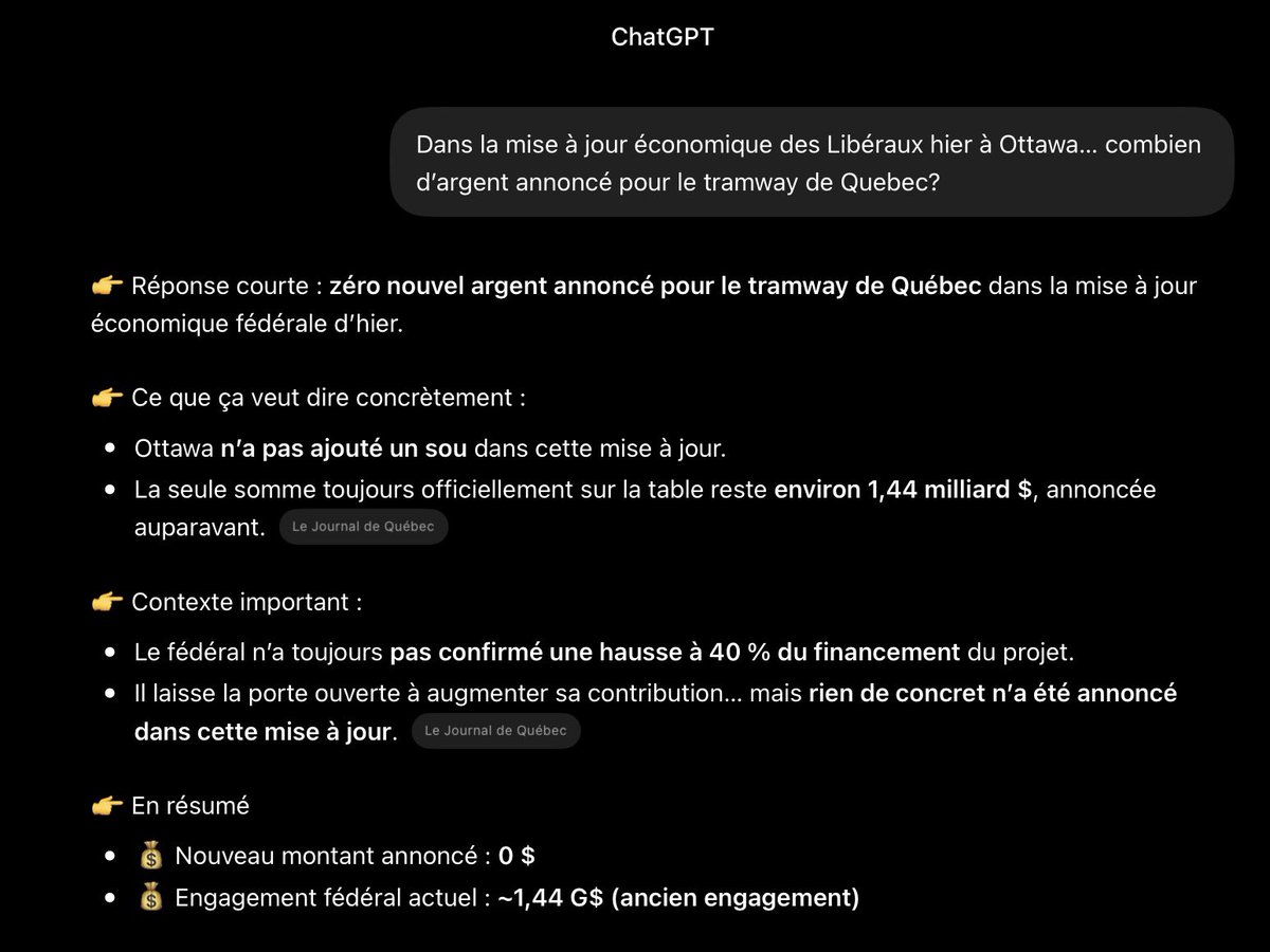 Dans la mise à jour économique des Libéraux hier à Ottawa… combien d’argent annoncé pour le tramway de Quebec?