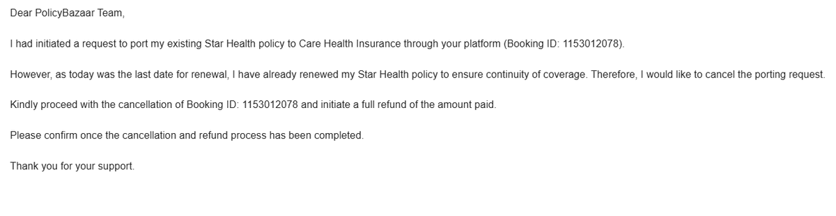vasanidharmesh's tweet photo. @policybazaar @PBHelpDesk 
No response received yet. Really disappointed with PolicyBazaar service. Requesting urgent action on cancellation and refund for Booking ID 1153012078. https://t.co/lCLRIuPk2X