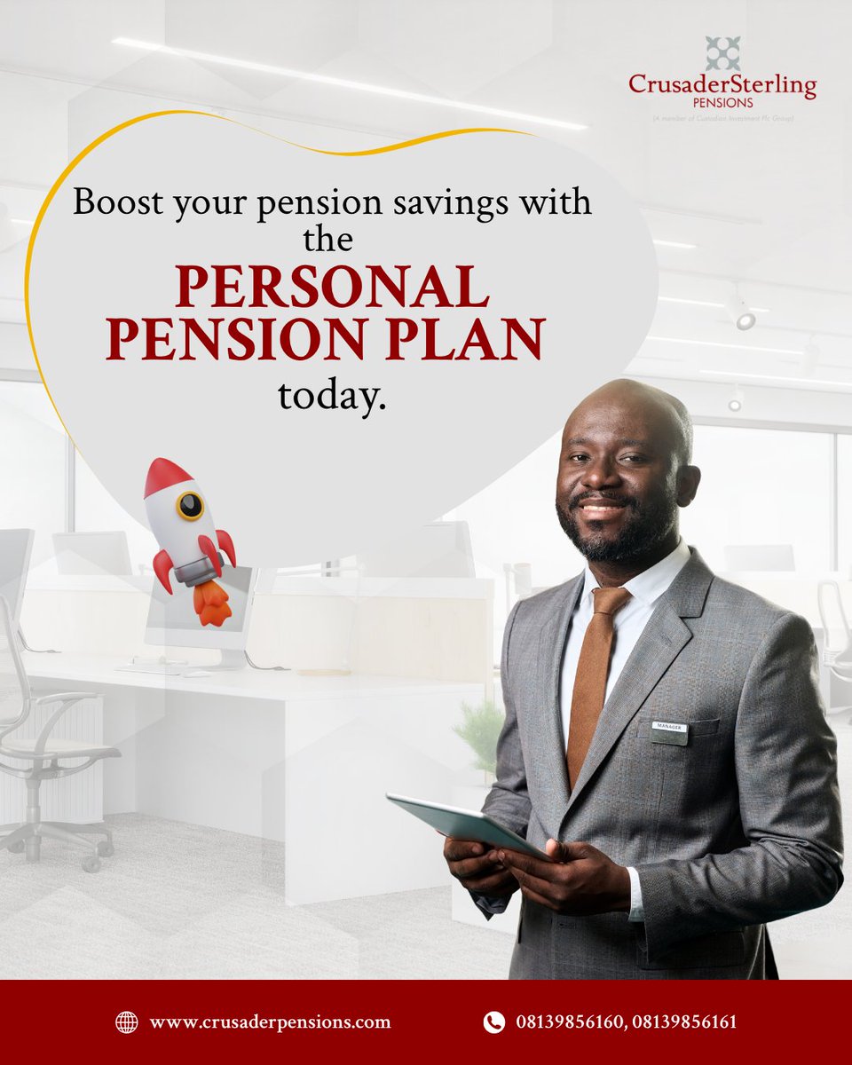 CSPensions's tweet photo. Are you saving enough for the retirement you really want?

If the answer is no, it's time for an upgrade. Boost your pension savings with the Personal Pension Plan.

It's one of the simplest steps you can take to multiply your potential future wealth. For more information on this, send an email to info@crusaderpensions.com

#CrusaderSterlingPensions