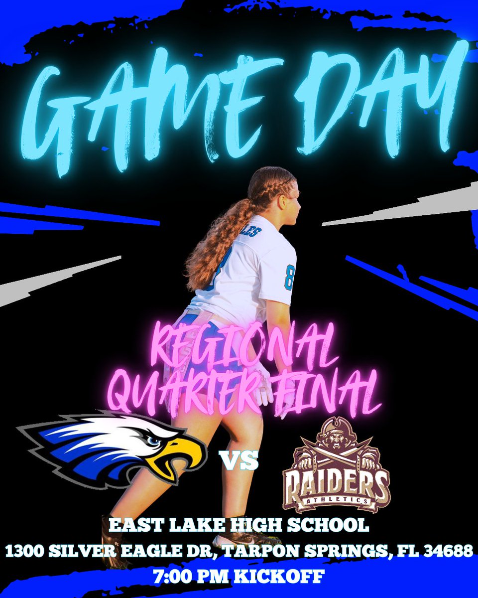 EastLakeFlagFB's tweet image. #PLAYOFFS #GAMEDAY Regional 1/4 Finals v Riverdale
🗓 Wed 4/29
📍East Lake High School 1300 Silver Eagle Dr, Tarpon Springs, FL 34688
🕐 7 PM Kickoff

#FlagFootball #FemalesInFlag #GirlsPlayFootball #RepTheFlag #HighSchoolFlagFootball #Sports #GirlsFlagFootball #MB34 #Sorority