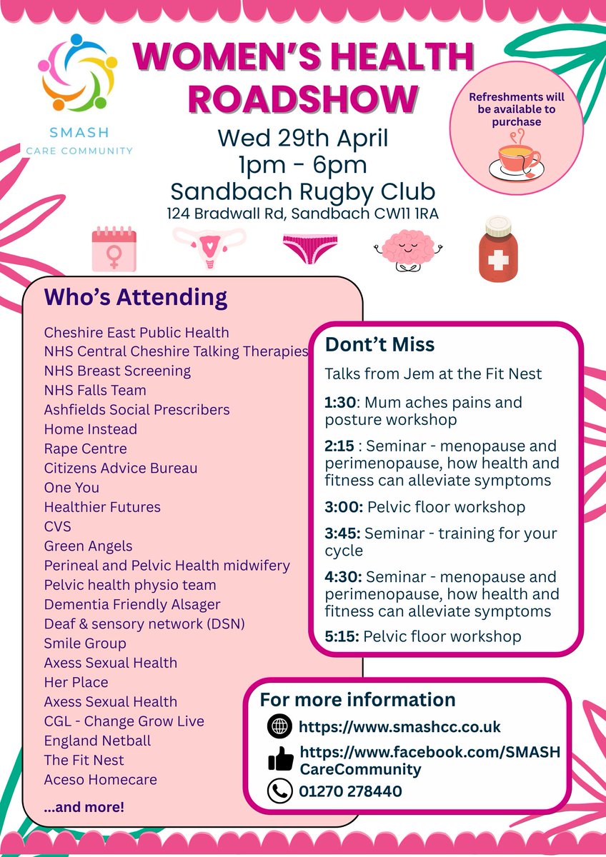 Improvingme1's tweet image. Our team will be at the SMASH Care Community Women's Health Roadshow today in Sandbach🌞

#WomensHealth #Community #Support