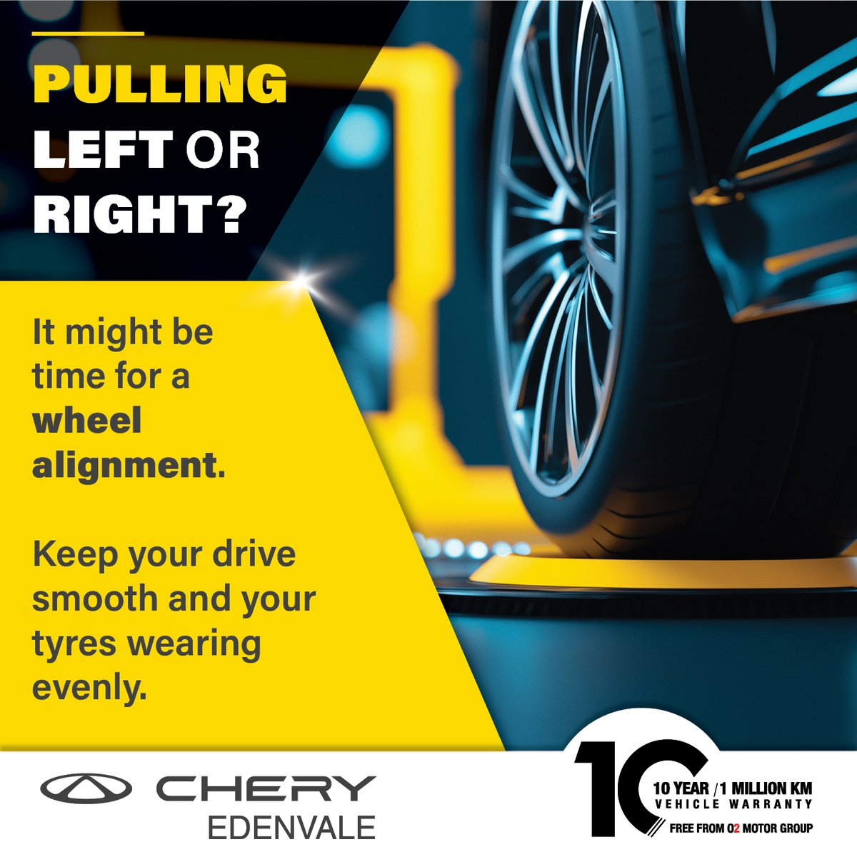 CheryEdenvale's tweet image. Is your steering pulling or tyres wearing unevenly? It might be time for a wheel alignment.

Book yours at Chery Edenvale and enjoy a smoother, safer drive: bit.ly/3qOz0Xi 

#CheryEdenvale #WheelAlignment #DriveSafe