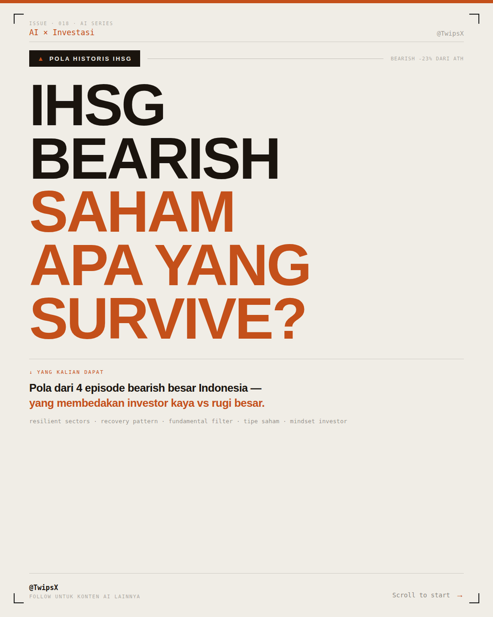 TwipsX's tweet photo. IHSG turun -23% dari ATH. Banyak retail yang panik dan bingung.  

Gue iseng tanya Claude, saham tipe apa yang historically paling survive saat bearish seperti ini?  

Jawabannya bikin gue lebih tenang daripada baca info grup berbayar.

Jangan lupa di-save 🧵 https://t.co/2qKIRot72e