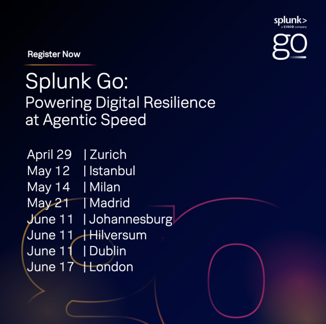 markusbleichner's tweet photo. Power digital resilience at agentic speed at the Splunk Go EMEA event series. Join Splunk and Cisco to explore AI‑era security, observability, and optimization—and see how teams are detecting faster and troubleshooting smarter. Upcoming stops: Zurich,... https://t.co/kFNJ3H2hck https://t.co/TSQJCgFIWd