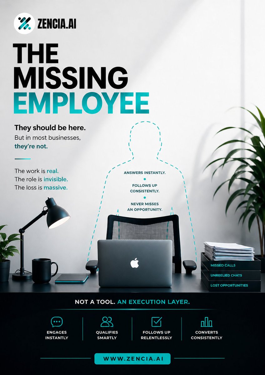 ZENCIA_AI's tweet photo. This role exists in your business.

But no one is doing it.

— responding instantly
— following up consistently
— never missing opportunities
That’s where revenue disappears.

Most companies don’t have a lead problem.
They have an execution problem.
#ai #zenciaai https://t.co/CmjYledpvf