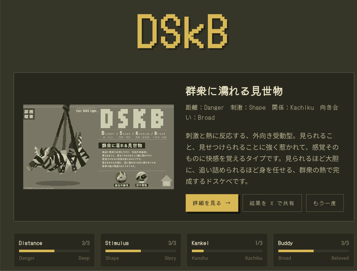 xiaozhang2331's tweet image. 話題の「16種のDSKBタイプ」、全16キャラのドット絵がすぐ見れる図鑑サイトを作ってみました！🐾

「他の結果も気になる…」という方はぜひ👇 16dskbtypes.com
#16種のDSKBタイプ #DSKB診断