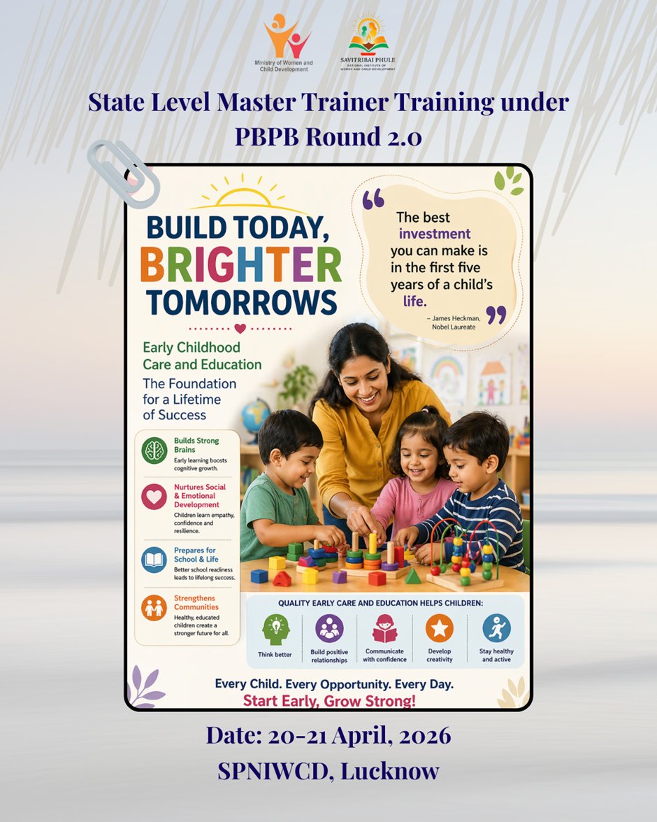 SPNIWCD_MWCD's tweet image. SLMT PBPB Round 2 was successfully conducted on 20–21 April 2026 at SPNIWCD, Lucknow (39 Trainees)  focusing on strengthening capacities, enhancing knowledge &amp;amp; building a skilled pool of master trainers for effective implementation.
#ECCE #MWCD #SPNIWCD