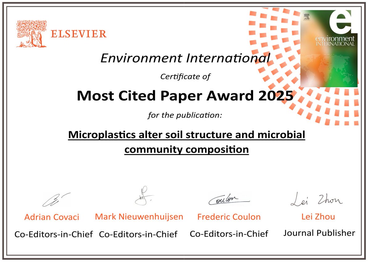 ykuzyakov's tweet image. Very happy to share:
💥2025 Most Cited Paper Award💥
in Environment International
for
Microplastics alter soil structure and microbial community composition
doi.org/10.1016/j.envi…

#microplastics #SoilOrganicMatter #soilaggregates #microbialbiomass #GlobalChange 
@mrillig