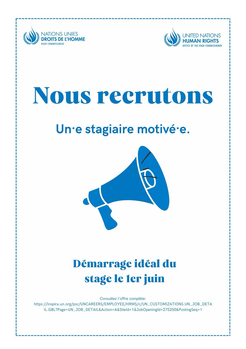 ONU_Droits_BRAO's tweet photo. Recrutement en cours au BRAO !
Nous cherchons un·e stagiaire motivé·e. Offre en ligne jusqu'au 10 mai. Démarrage idéal du stage le 1er juin, pour 3 mois (prolongeable).
Consultez l'offre : https://t.co/SDeRoxtN7b
Diffusez autour de vous !
#Stage #Recrutement #HCDH #BRAO https://t.co/D9V2J7TaTb