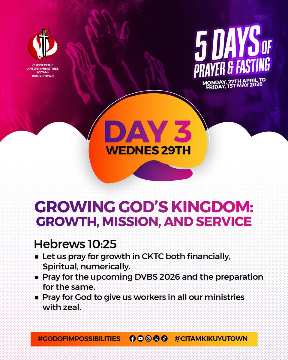 CITAMKikuyuTown's tweet image. Day 3 💫
Praying for expansion, impact, and willing hearts to serve 🙏 #CitamKikuyuTownChurch #GodOfImpossibilities #prayerandfasting