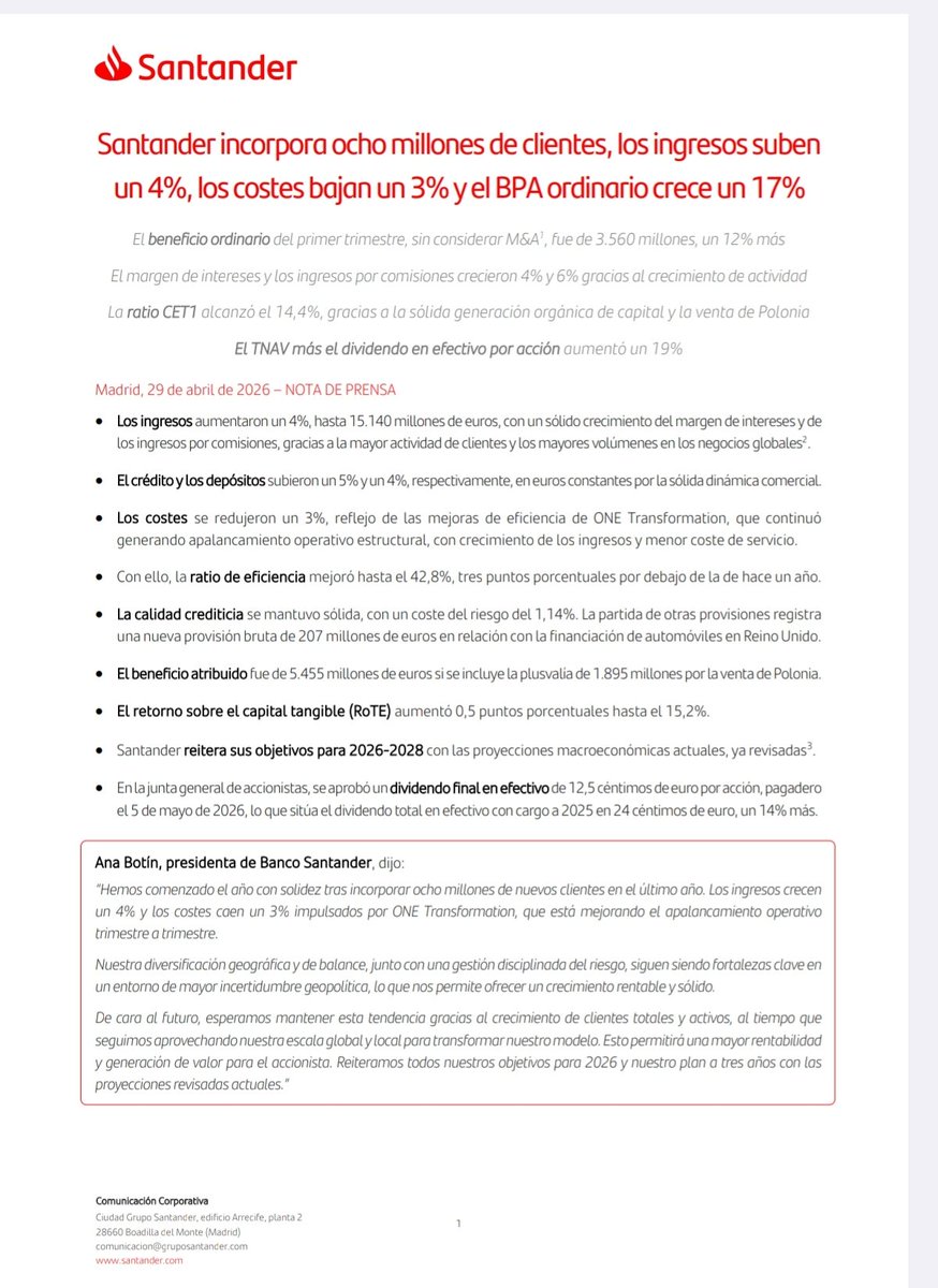 IbexStreet's tweet image. $SAN 🇪🇸 #Resultados 1T 2026