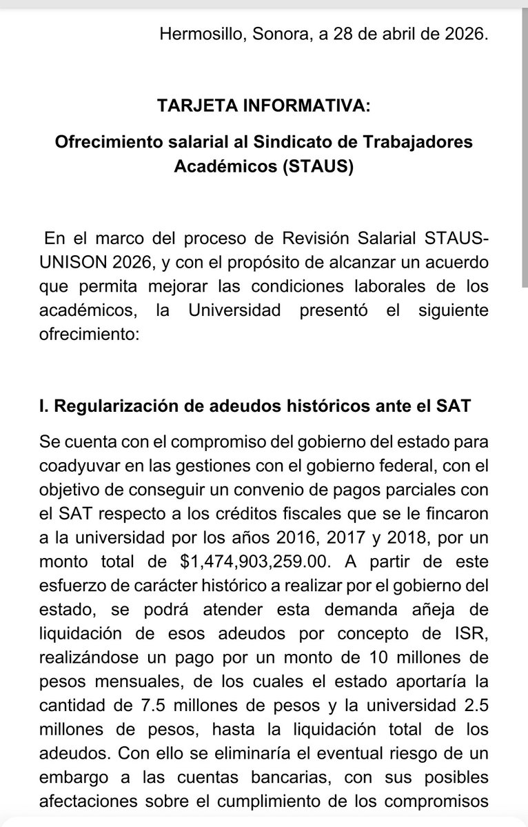 notacentralmx's tweet image. 🔴⚫ @stausunison-@SoyUnison 2026: Universidad ofrece 4% de aumento salarial, regularización de adeudos históricos ante @SATMX por $1,474 MDP y mejoras en prestaciones médicas y apoyos sindicales.  
El 30 de abril #STAUS podría decidir estallar la huelga y sumarse al paro del