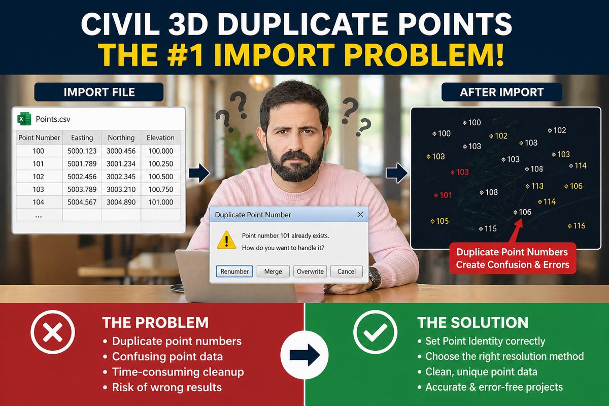 civil3dpro's tweet image. 🚨 See first comment for full article 👇

Ever faced duplicate point number issues in Civil 3D? 😤
You’re not alone — this is one of the most common mistakes engineers and surveyors make!

👉 Follow for more practical Civil 3D tips &amp;amp; tricks!

#Civil3D #Autocad #surveying