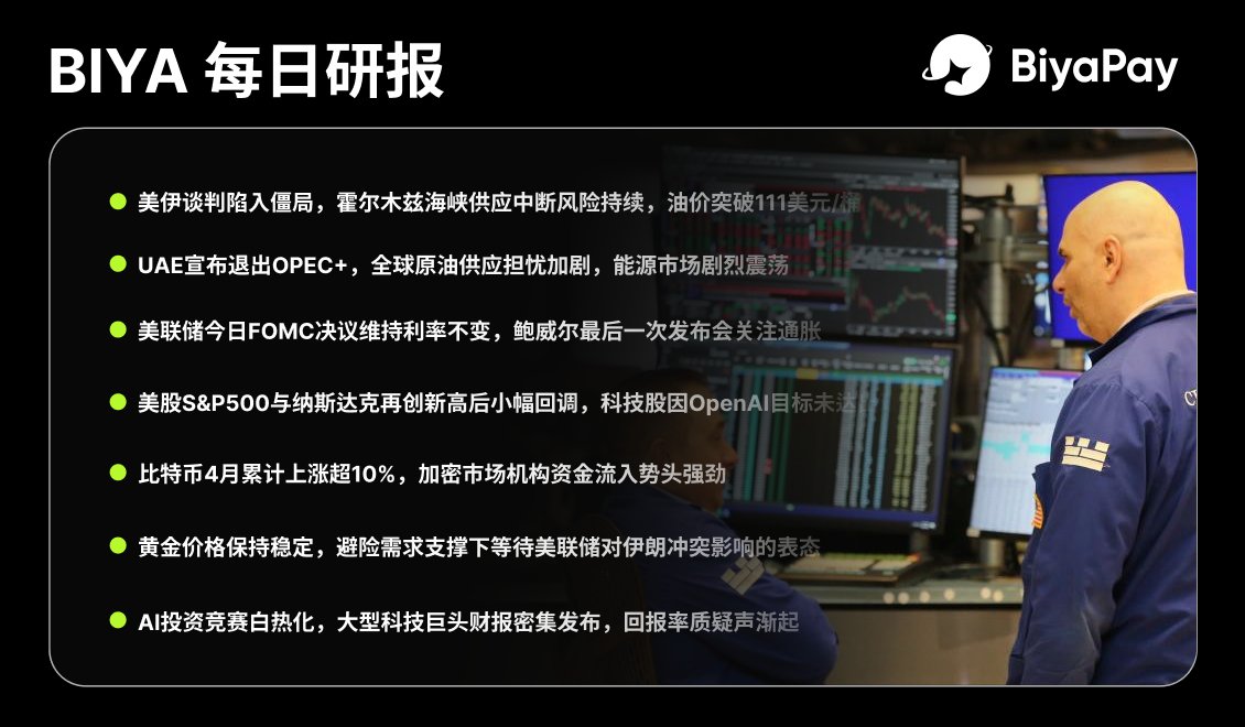 BIYA 币芽 每日研报

 🔹美伊谈判陷入僵局，霍尔木兹海峡供应中断风险持续，油价突破111美元/桶  

 🔹UAE宣布退出OPEC+，全球原油供应担忧加剧，能源市场剧烈震荡  

 🔹美联储今日FOMC决议维持利率不变，鲍威尔最后一次发布会关注通胀

 🔹美股S&P500与纳斯达克再创新高后小幅回调，科技股因OpenAI目标未达出现分化  

 🔹比特币4月累计上涨超10%，加密市场机构资金流入势头强劲 

 🔹黄金价格保持稳定，避险需求支撑下等待美联储对伊朗冲突影响的表态  

 🔹AI投资竞赛白热化，大型科技巨头财报密集发布，回报率质疑声渐起