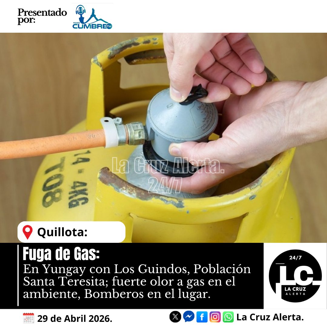 LA_CRUZ_ALERTA's tweet image. #QUILLOTA: Central de Comunicaciones de Bomberos despachó la Máquina M-34 a un Clave 4-1 (Fuga de gas) en la Población Santa Teresita en Calle Los Guindos #602 preliminar fuerte olor a gas en el ambiente, Bomberos en el lugar.
#LACRUZALERTA