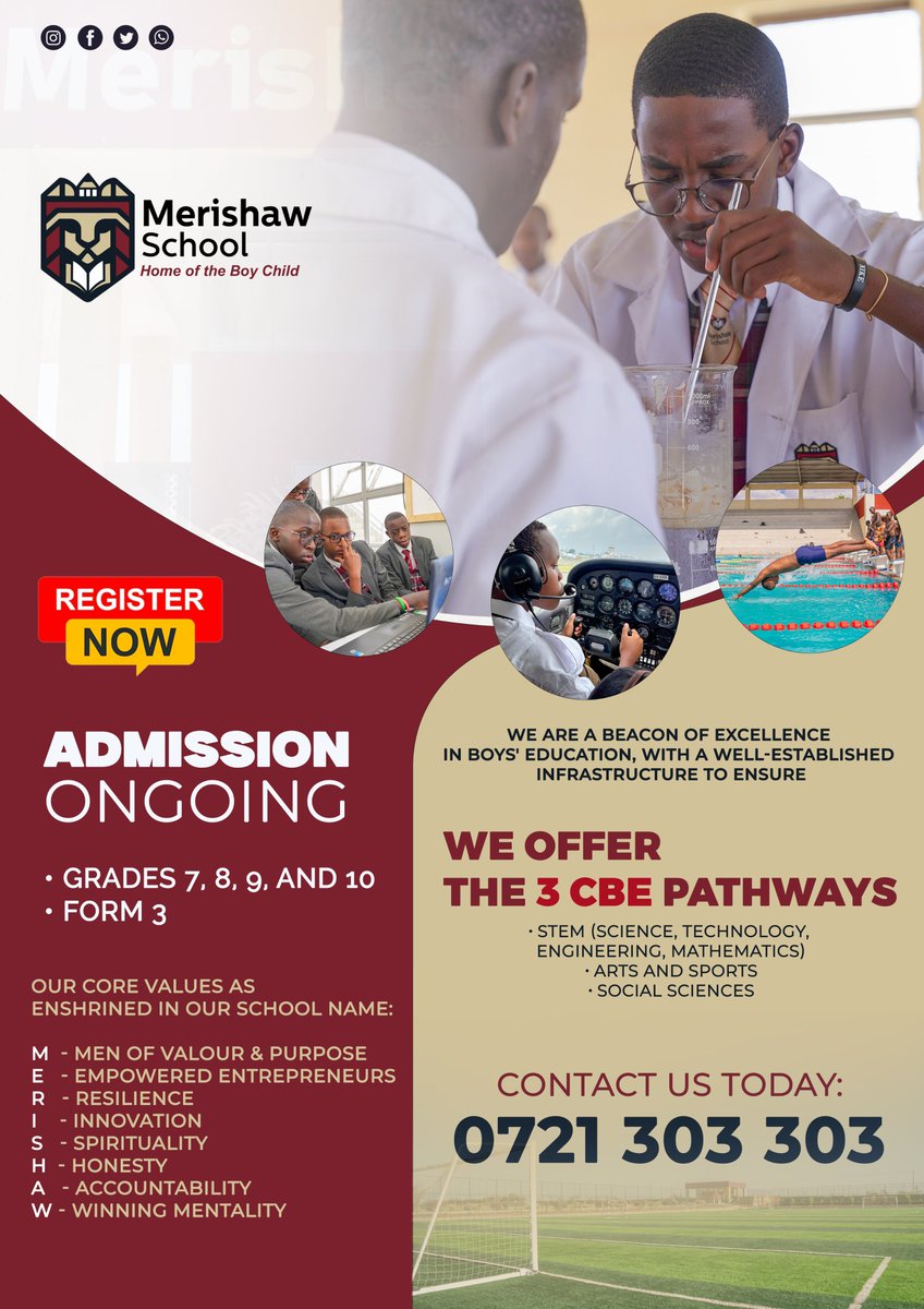 MerishawSchool's tweet photo. As we joyfully welcome back the Morans for the second term, we invite everyone to embark on new adventures, as admissions for grades 7, 8, 9, 10, and Form 3 are ongoing.

For more information, please contact us at 0721 303 303 or visit our website: https://t.co/YKdbOQq1Fw. https://t.co/r0pHQcXCLG